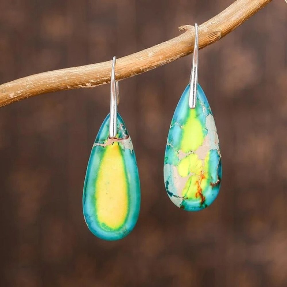 Natural Green & Yellow Sea Sediment Jasper Teardrop Earrings